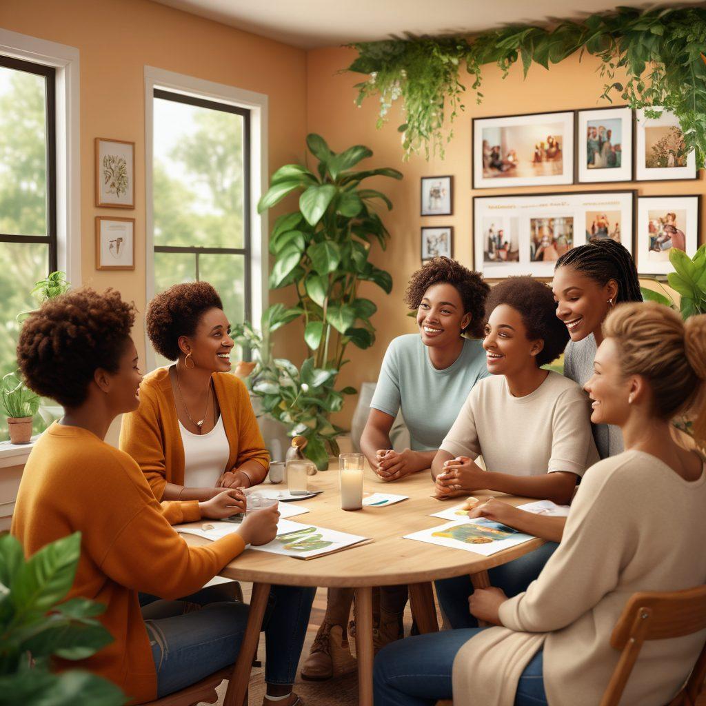 A heartwarming scene featuring diverse individuals in a cozy support group setting, sharing stories and smiles, surrounded by vibrant greenery symbolizing growth and healing. Include elements like supportive posters on the walls and soft lighting to create an inviting atmosphere. Show a mix of races and ages to represent inclusivity. warm tones. 3D realism. vibrant colors.