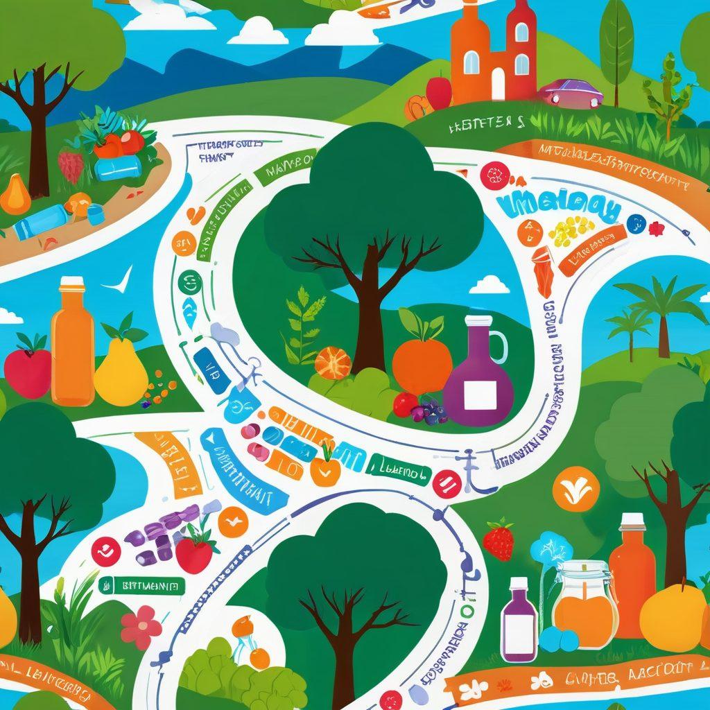 An abstract illustration of a winding path through a lush landscape, representing various treatment options—surrounded by vibrant icons symbolizing therapies (like medication bottles and therapy chairs), clinical trials (clipboard and test tubes), and lifestyle changes (fruits, yoga mats). The sky is bright and hopeful, encouraging exploration and positivity. super-realistic. vibrant colors. white background.